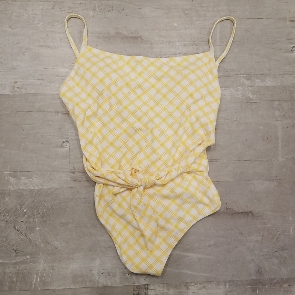 💕JESSICA SIMPSON💕 Checked Tie-Waist One-Piece Swimsuit Sol Yellow Plaid L NWT
